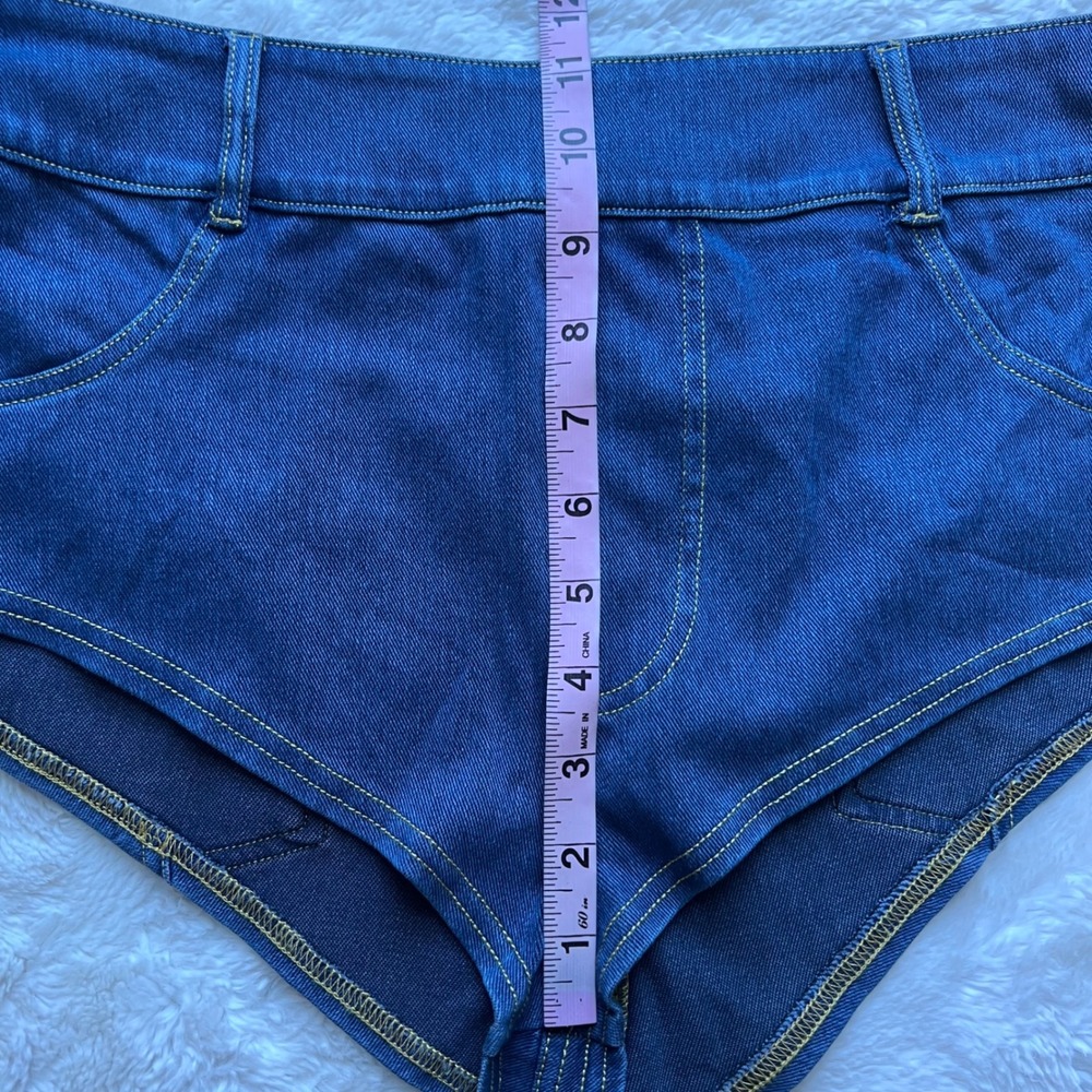 Halara Blue High Waisted Cheeky Denim Shorts XL Stretch Hot Pants High Cut Leg - Picture 10 of 14